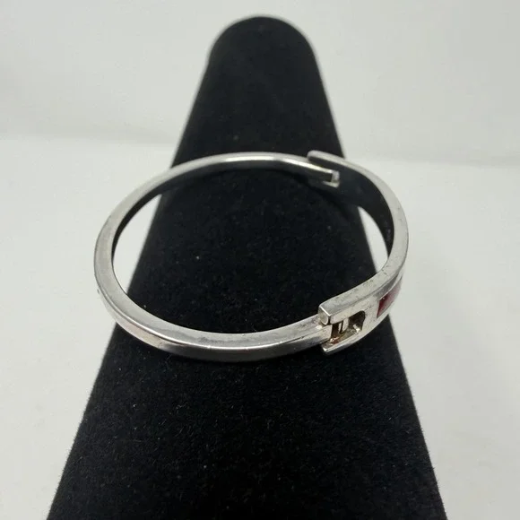 Vintage Mexico 925 Sterling Silver Abalone Red Shell Inlay Hinged Cuff Bracelet - Picture 5 of 16